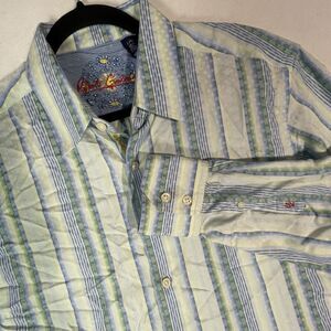 Robert Graham Shirt Men L Blue Stripe Button Up Embroidered Flip Cuff Preppy